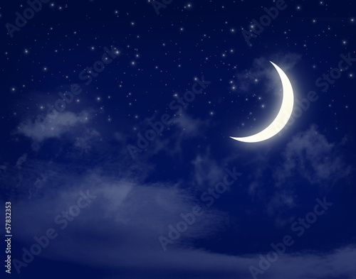 Moon and stars in a cloudy night blue sky #57832353