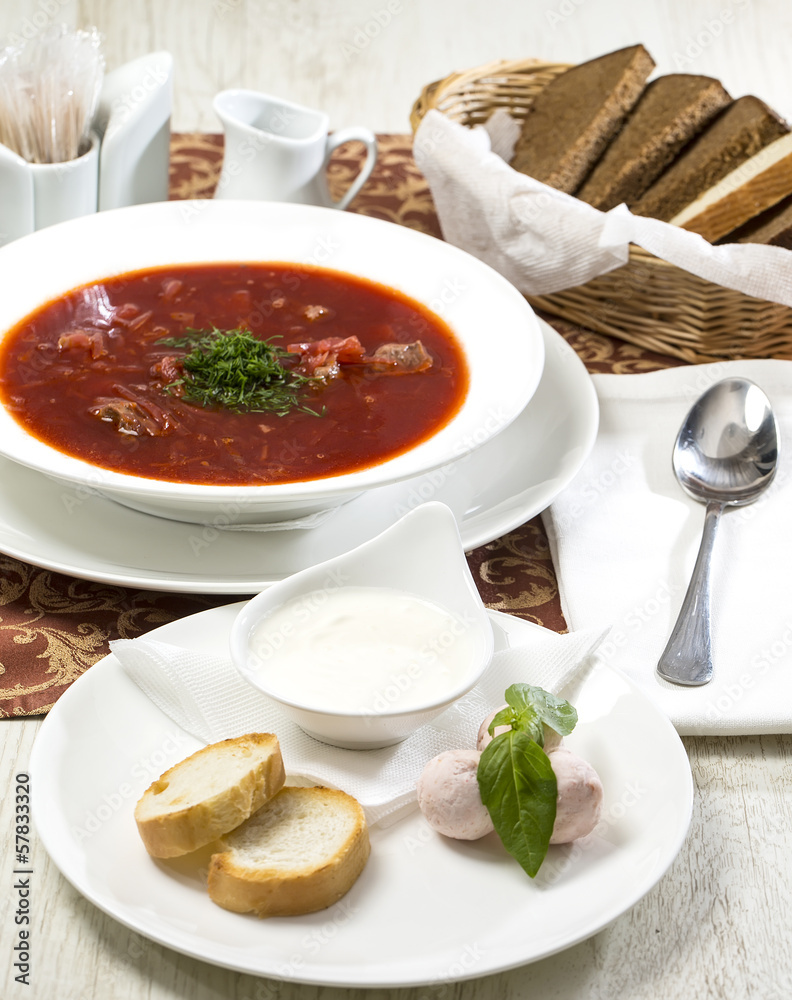red beet soup on the table in a restaurant red beet soup on the table in a restaurant