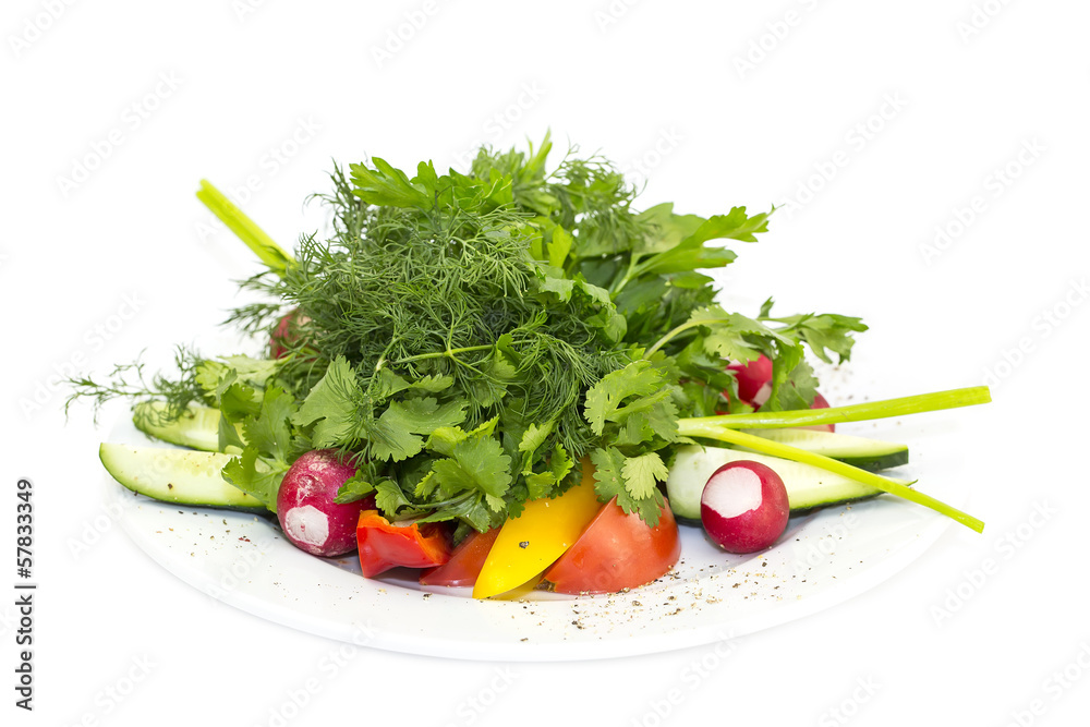 plate with fresh vegetables on a white background plate with fresh vegetables on a white background