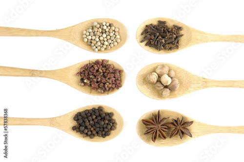 set of spices in a wooden spoons isolated