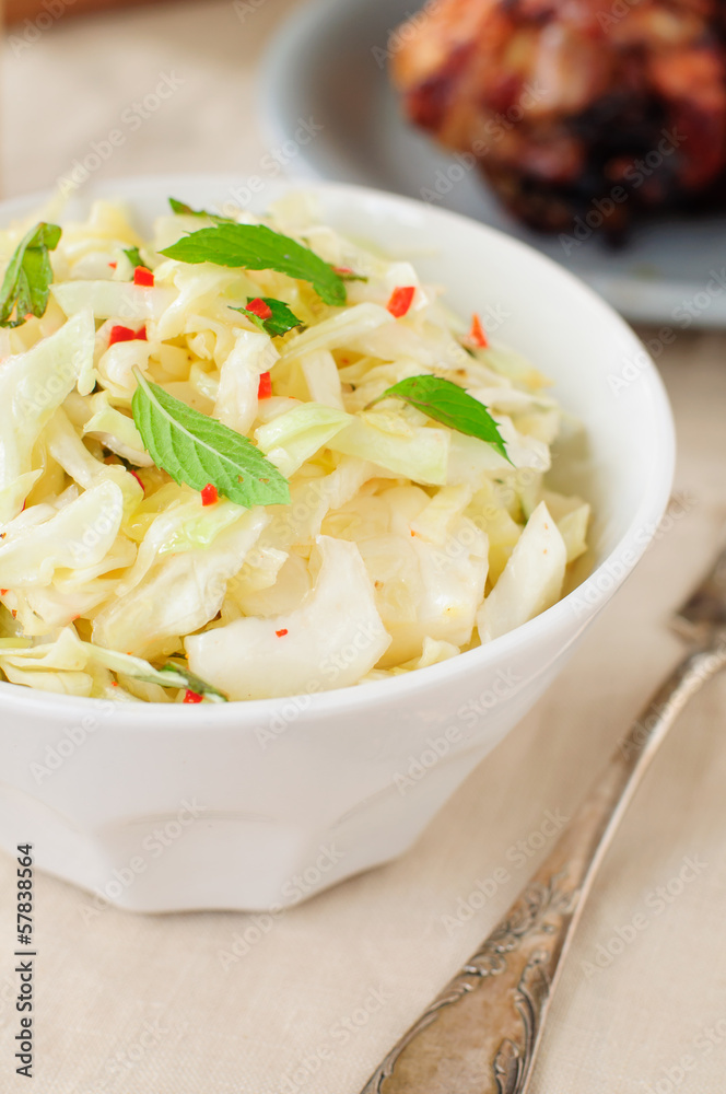 Fresh Cabbage, Mint and Chili Salad, copy space for your text Fresh Cabbage, Mint and Chili Salad, copy space for your text