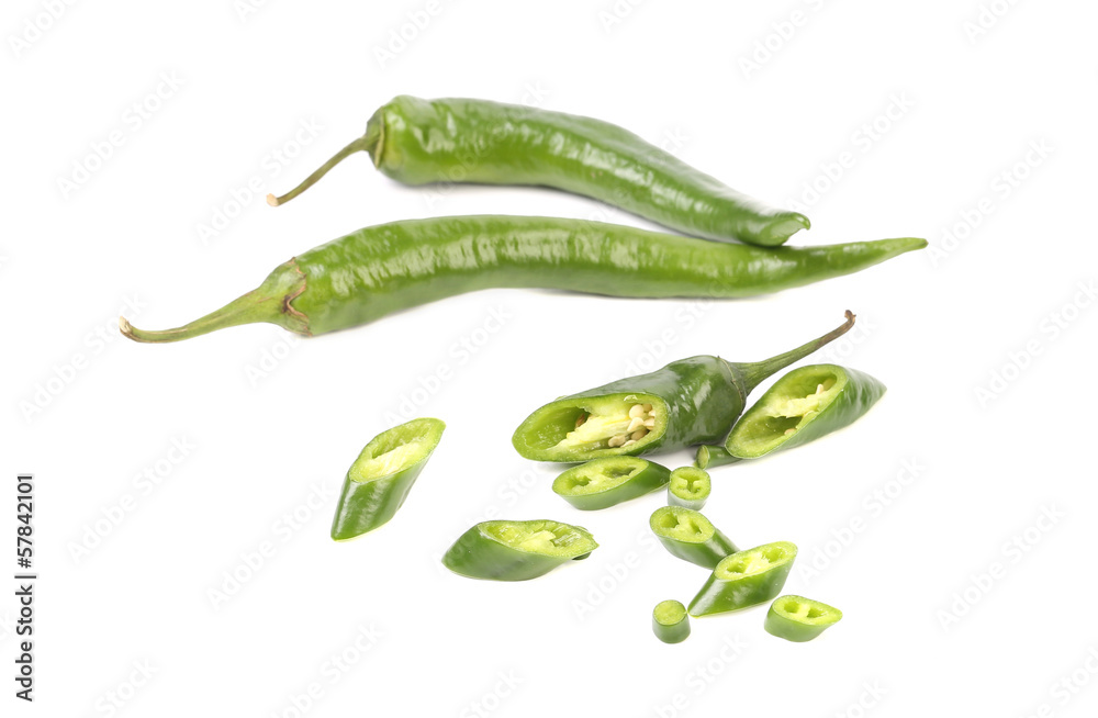 close up of green peppers and slices. close up of green peppers and slices.