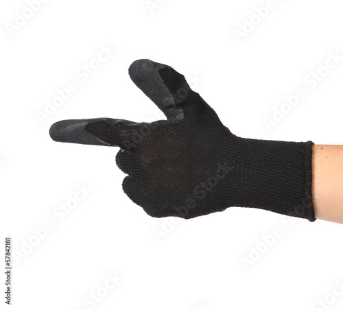 Black rubber glove on hand as gun.