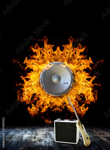 Guitar with loudspeaker on Fire