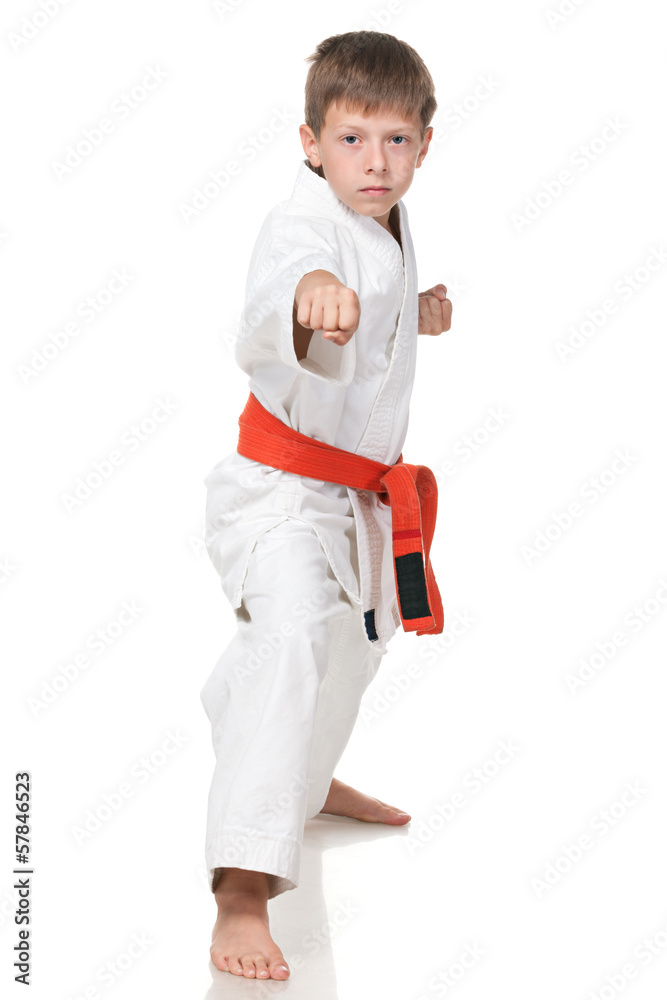 Confident boy in kimono in fighting stance Confident boy in kimono in fighting stance