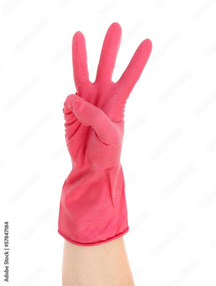 Hand shows three in red rubber glove Hand shows three in red rubber glove