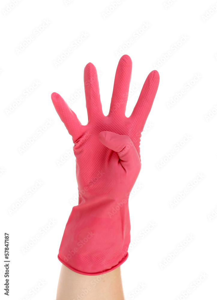 Obraz premium Hand shows four in red rubber glove.