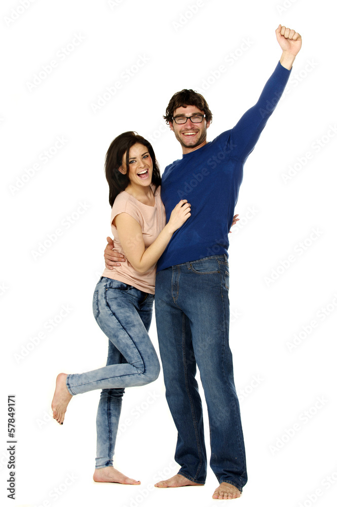 Beautiful couple cheering and celebrating isolated on a white ba Beautiful couple cheering and celebrating isolated on a white ba