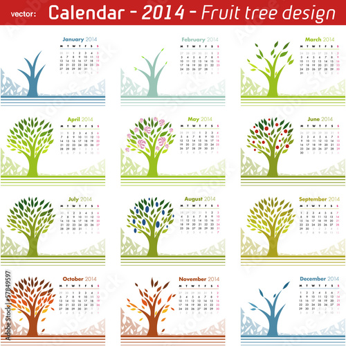 Calendar 2014 Fruit Tree Design. Vector on white.