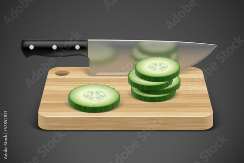Couteau de cuisine, concombre et planche à découper vectoriels 1