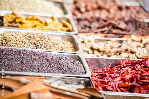 Closeup of spices on sale market.