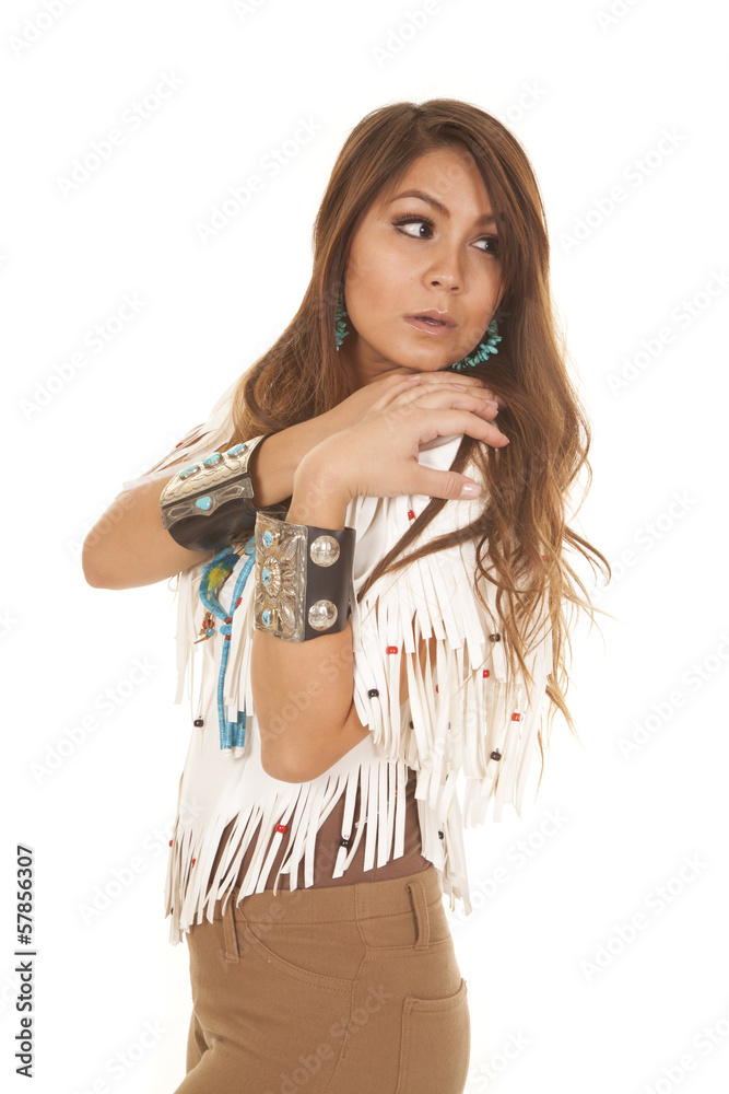 American woman white top look over shoulder American woman white top look over shoulder