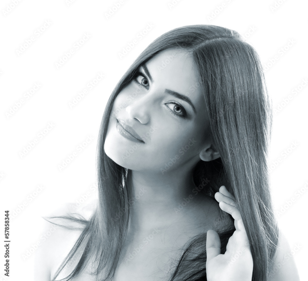 Naklejka premium young beautiful woman, female face closeup, over white