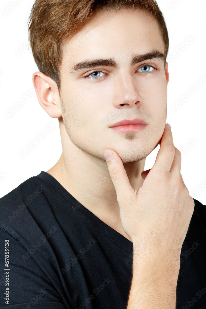 Young man handsome face closeup, sexy guy looking at camera over Young man handsome face closeup, sexy guy looking at camera over