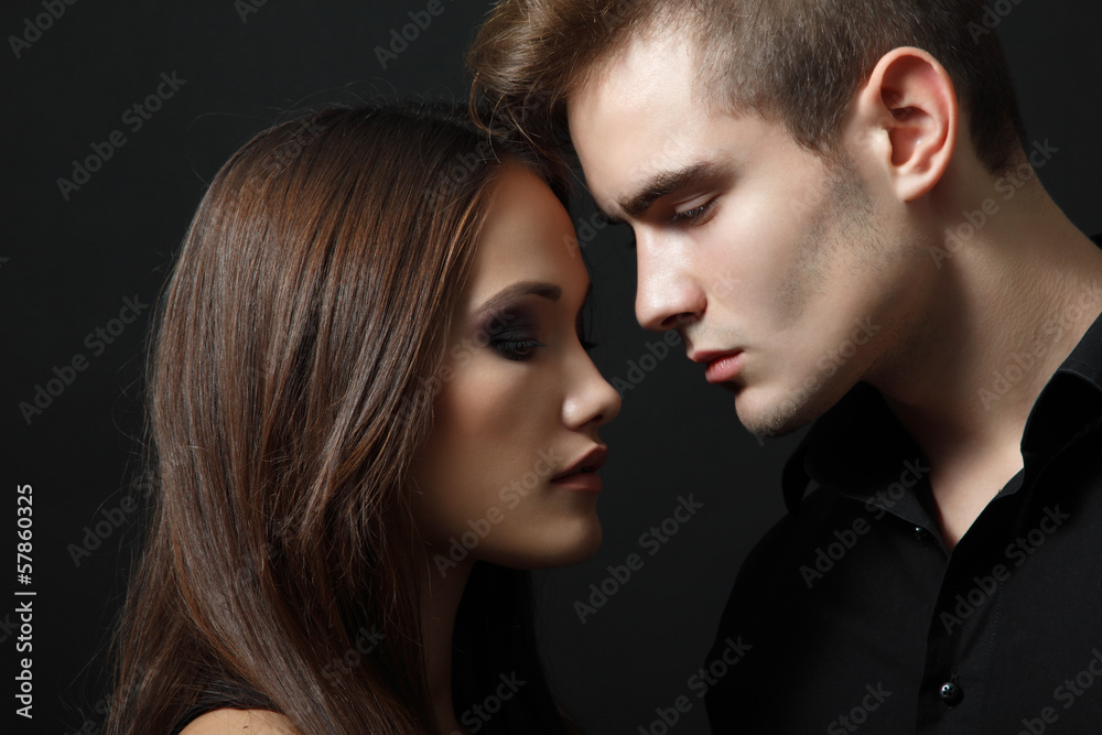 Sexy passion couple, beautiful young man and woman closeup, over