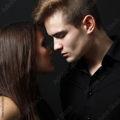 Sexy passion couple, beautiful young man and woman closeup, stud