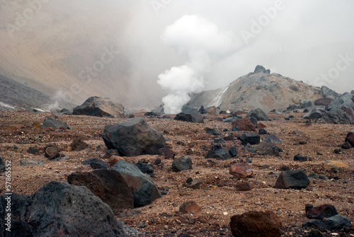 Volcanic vents with smoke, sulfur and ash. Located on Kamchatka