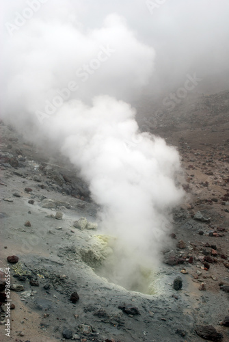 Volcanic vents with smoke, sulfur and ash. Located on Kamchatka