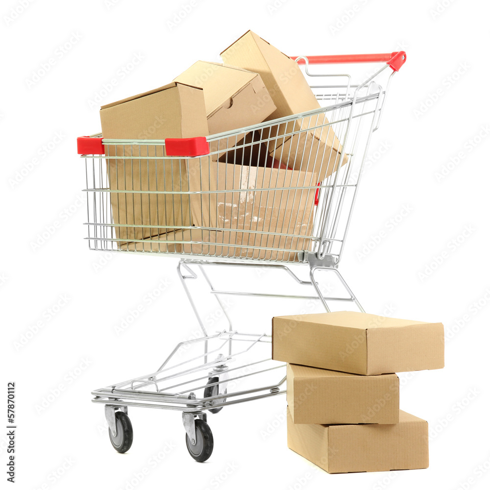 Shopping cart with carton, isolated on white Shopping cart with carton, isolated on white