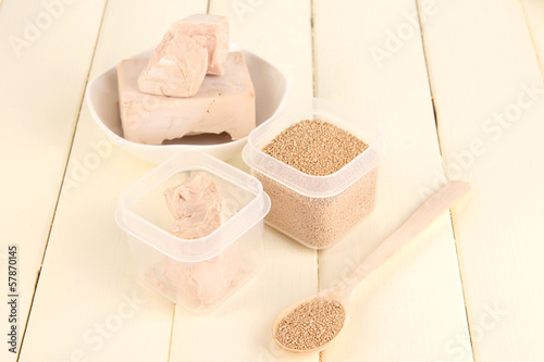 Dry yeast on wooden table close-up photo