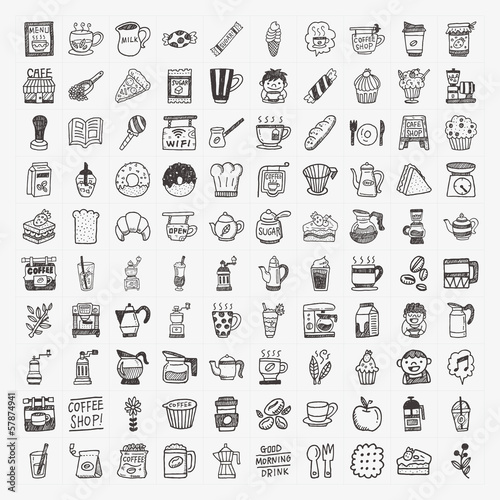 100 doodle coffee element icons set