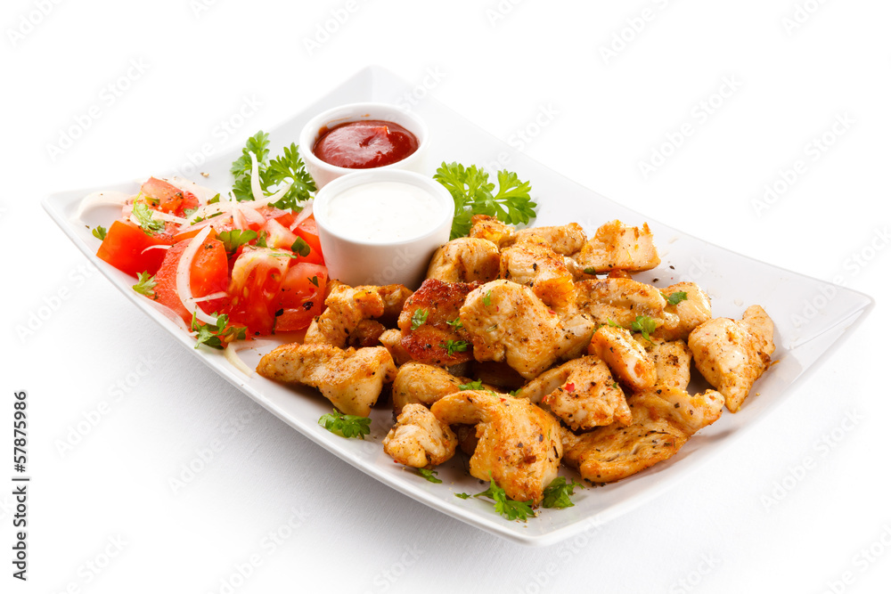 Grilled meat and vegetables on white background Grilled meat and vegetables on white background