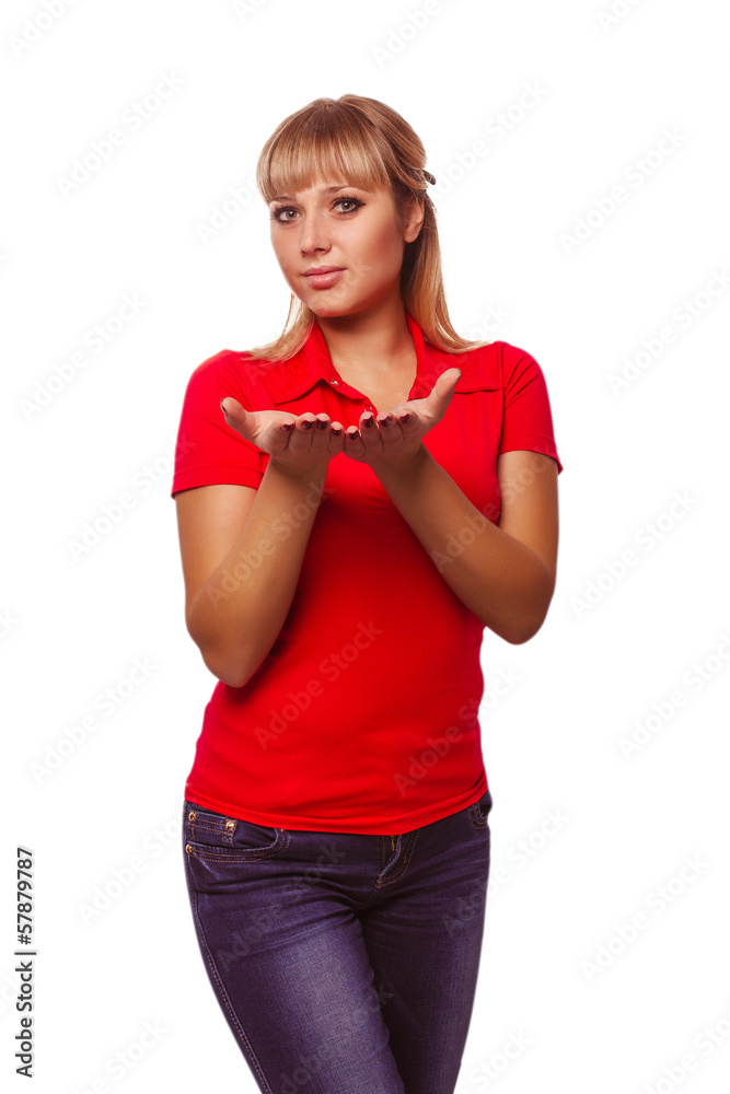 young happy blond woman showing open hand holding red T-shirt an young happy blond woman showing open hand holding red T-shirt an