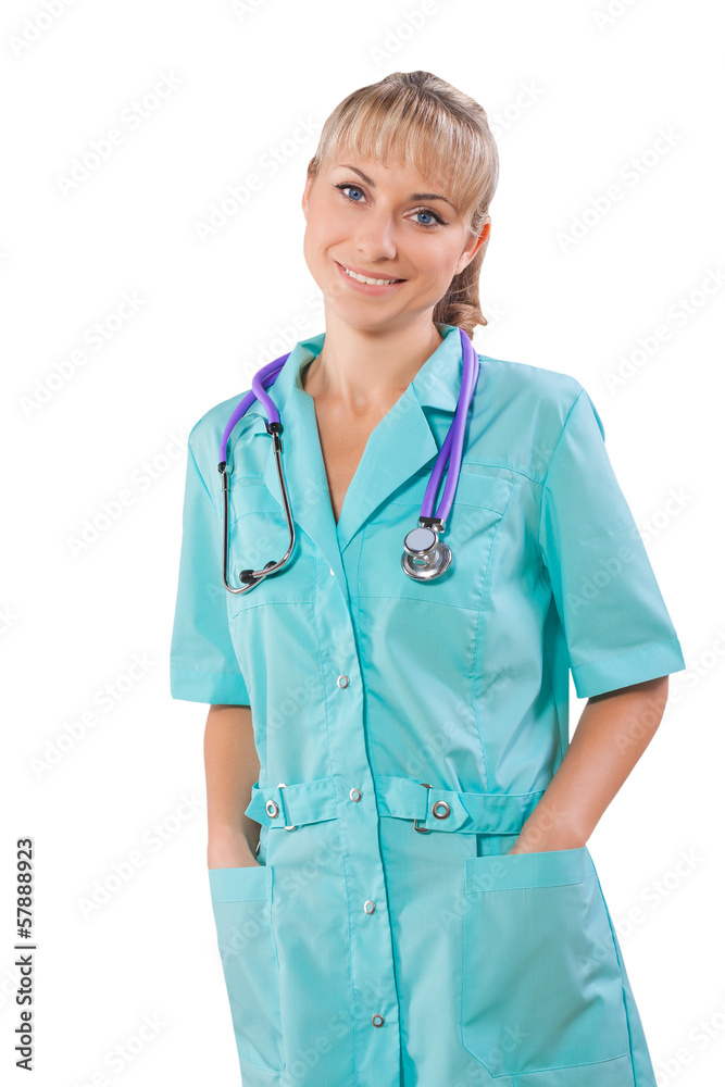 female doctor with hands in pockets smiling isolatyed