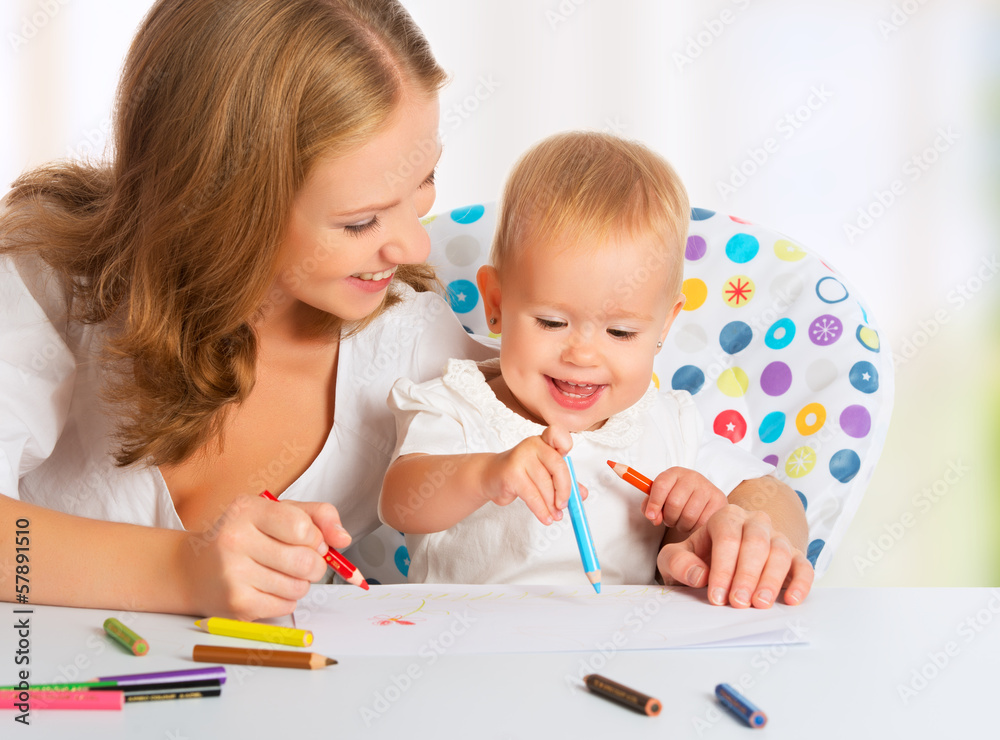 Mother and baby draw color pencil