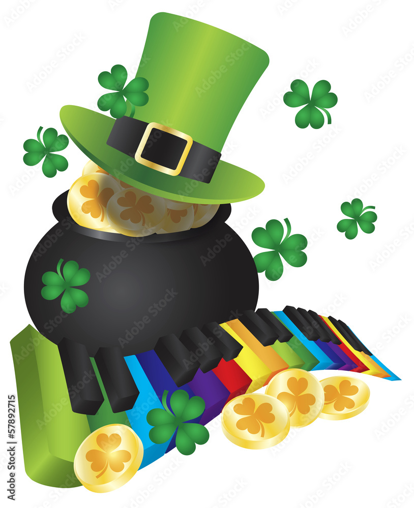 Fototapeta premium Leprechaun Hat with Piano Keys and Pot of Gold Vector