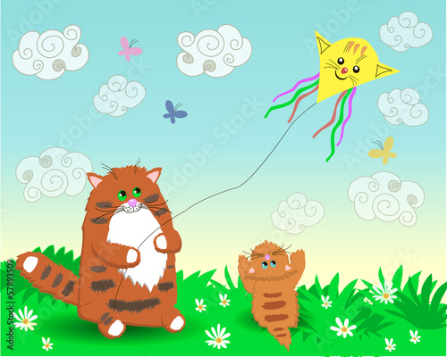 Dad and baby cats launch a kite