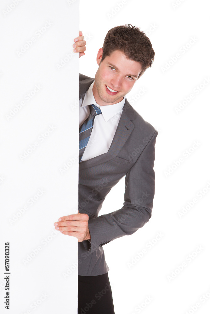 Man Presenting Blank Placard Man Presenting Blank Placard