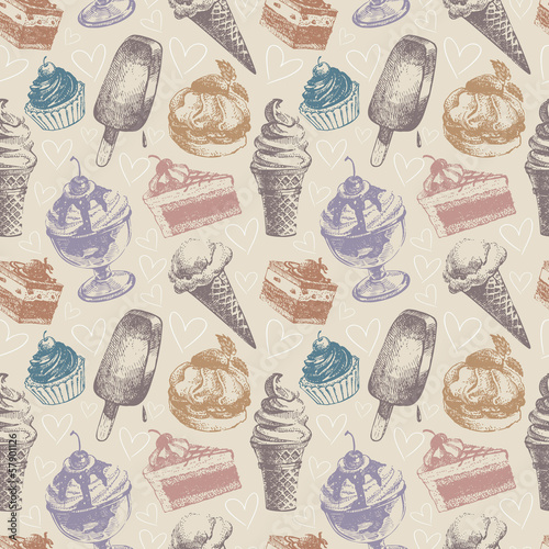Seamless pattern with ice cream and cakes