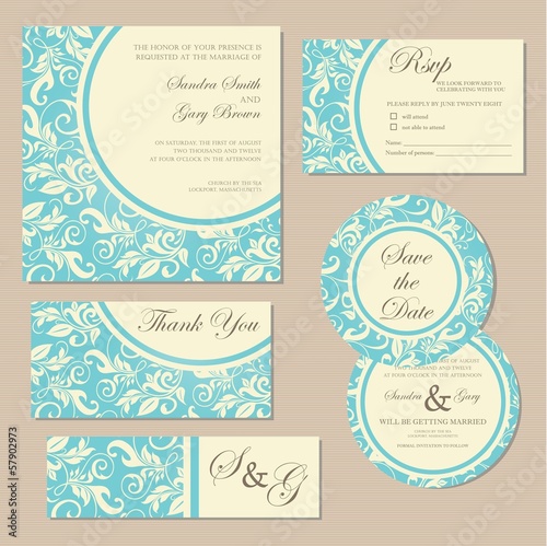 Set of vintage floral wedding invitation cards