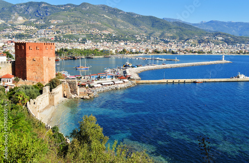 Fototapeta Naklejka Na Ścianę i Meble -  View of Alanya harbor form Alanya peninsula. Turkish Riviera