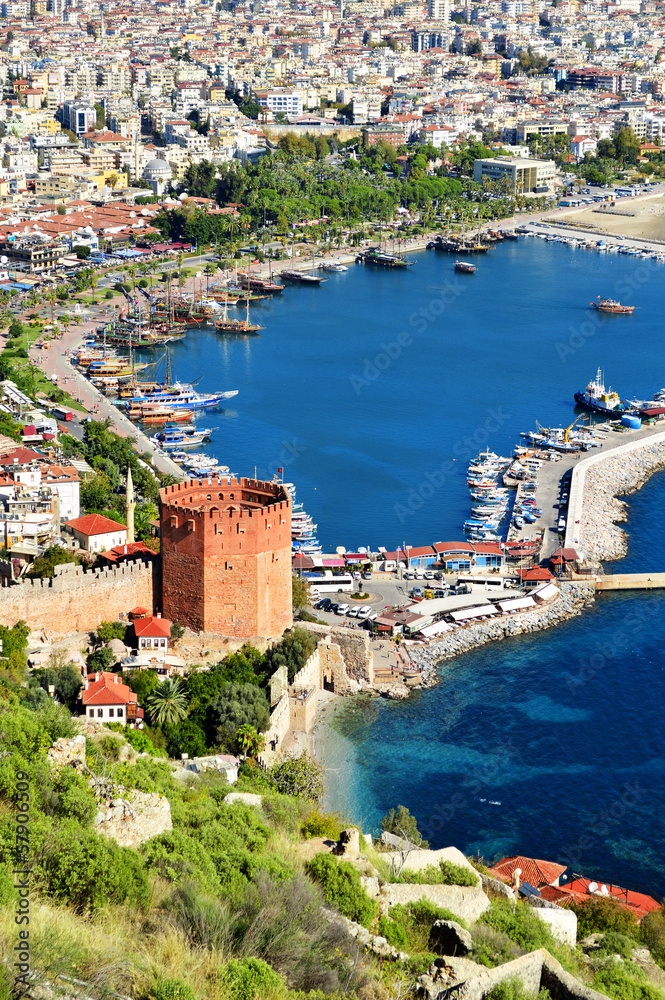 Fototapeta premium View of Alanya harbor form Alanya peninsula. Turkish Riviera