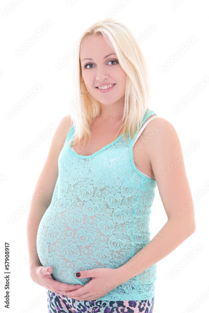 young pregnant woman in blue isolated on white young pregnant woman in blue isolated on white