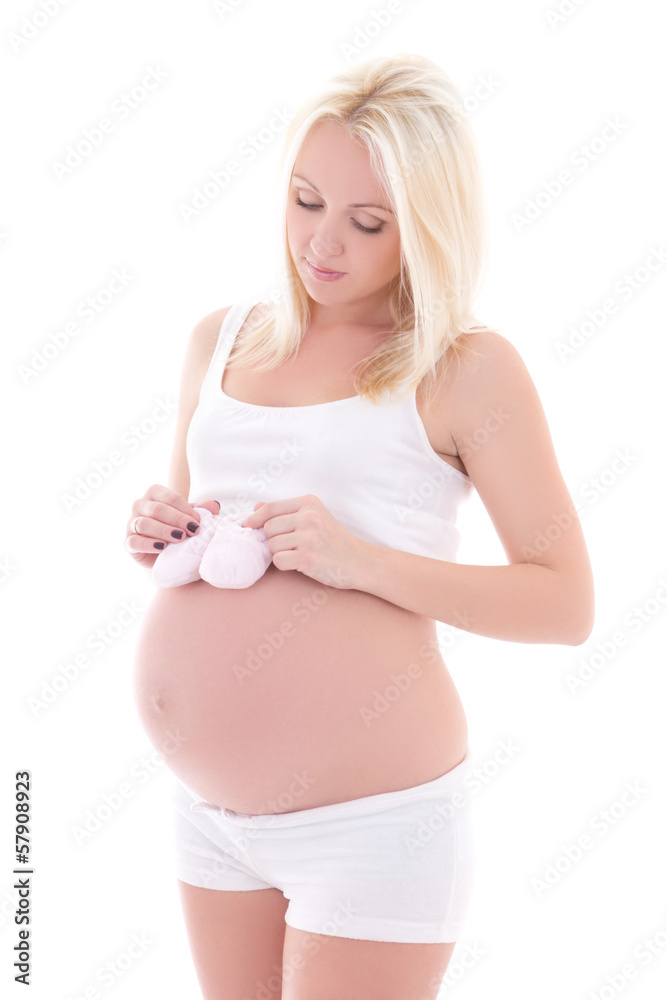 young pregnant woman with child socks isolated on white young pregnant woman with child socks isolated on white