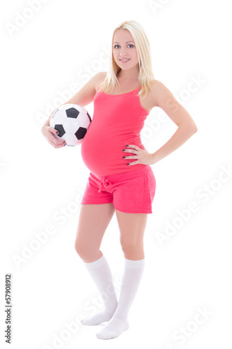 young pregnant woman with soccer ball isolated on white