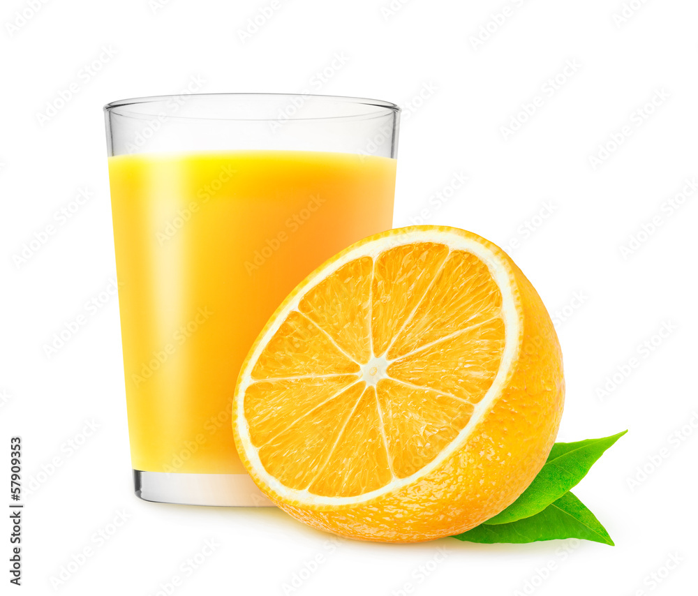 Isolated drink. Half of orange fruit and glass of fresh juice isolated on white background Isolated drink. Half of orange fruit and glass of fresh juice isolated on white background