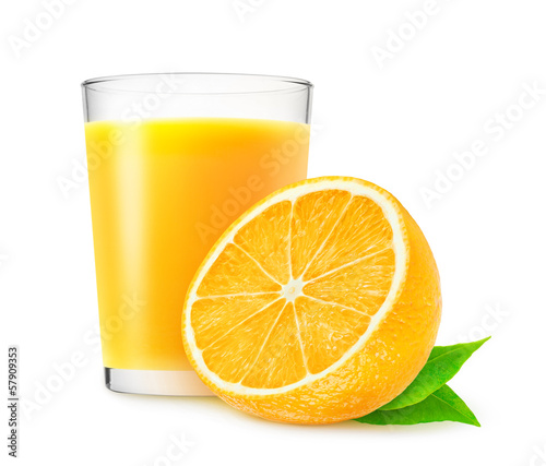 Isolated drink. Half of orange fruit and glass of fresh juice isolated on white background