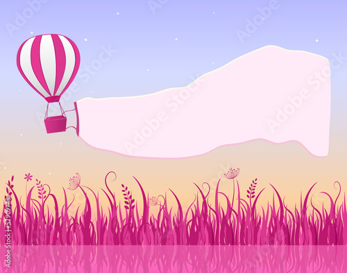 Hot Air Balloon Flying in Sky with Banner © Novaya