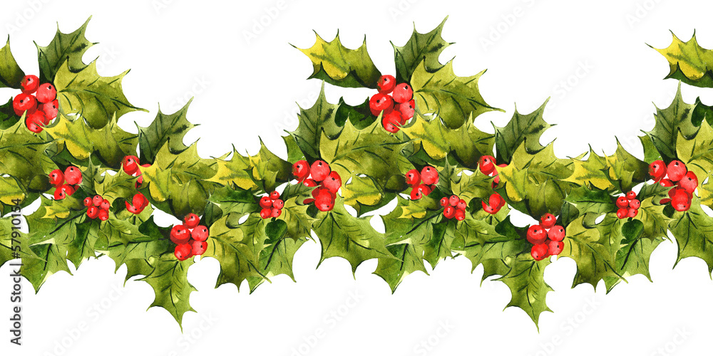 Christmas Holly Watercolor seamless background Christmas Holly Watercolor seamless background