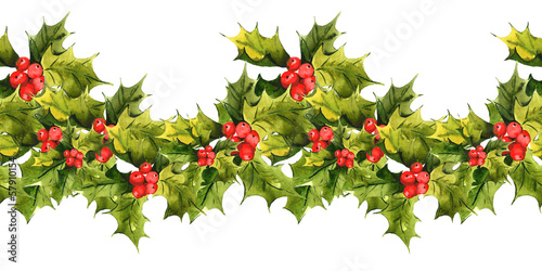 Fototapeta Naklejka Na Ścianę i Meble -  Christmas Holly Watercolor seamless background