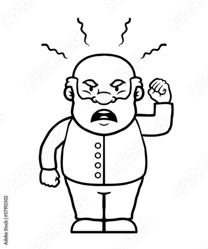 Black and white old man shouting angrily and waving his fist.