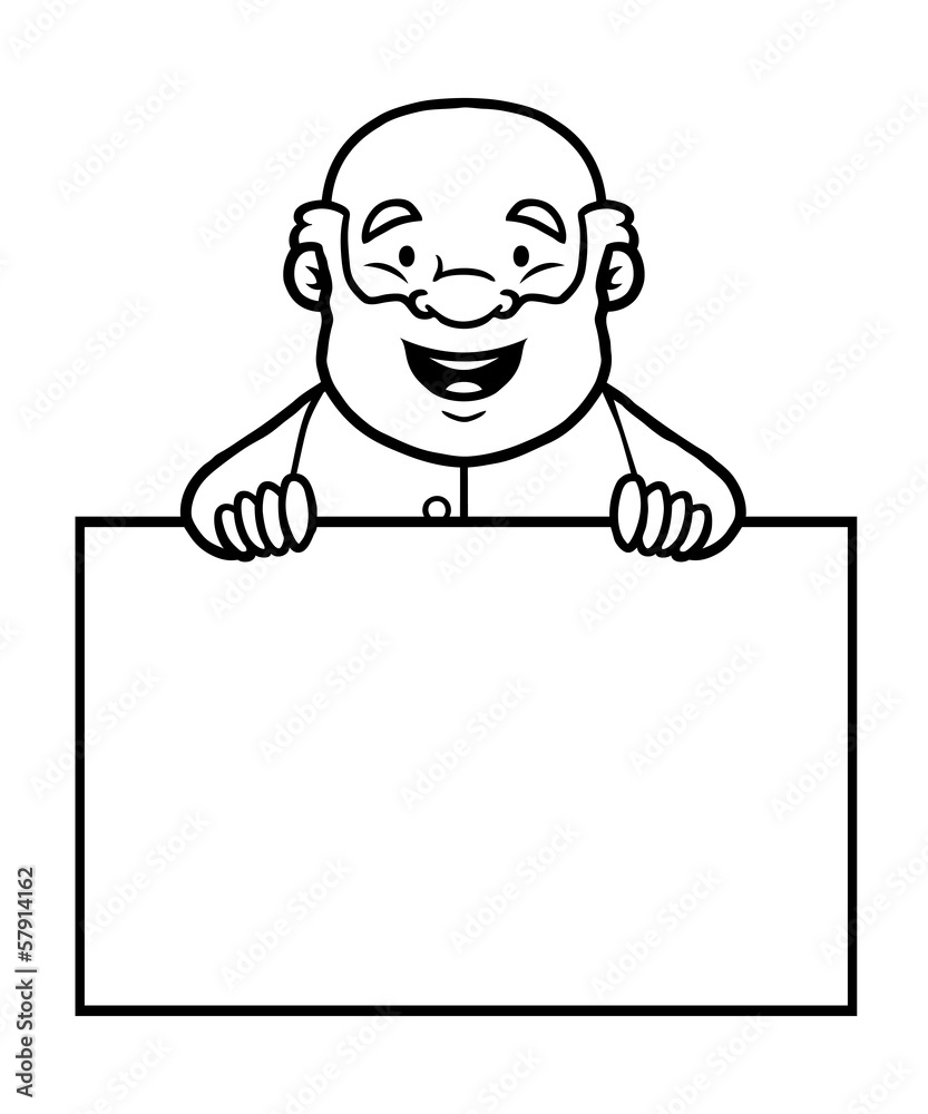 Black and white old man holding a blank sign and smiling. Black and white old man holding a blank sign and smiling.