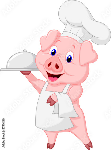 Cute pig chef cartoon holding platter