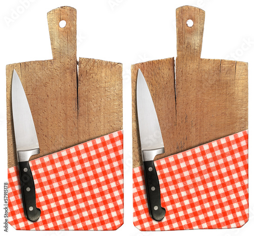 Cutting Board with Knife and Tablecloth photo