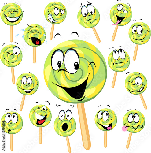 lollipop cartoon with many expressions isolated on white