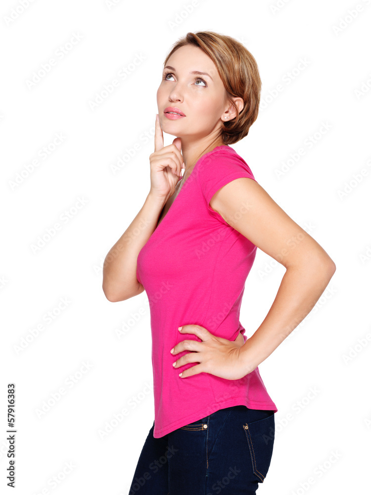 Full portrait of the pretty thinking woman on white Full portrait of the pretty thinking woman on white